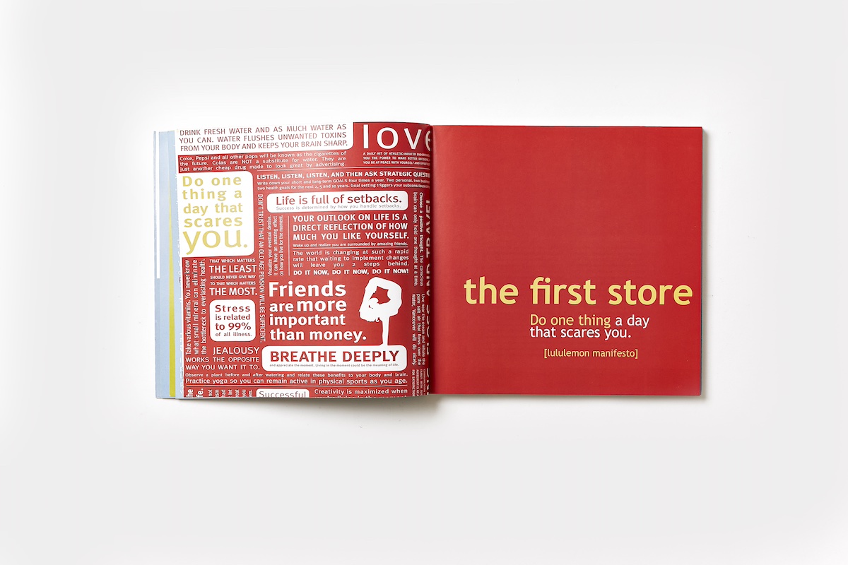 Flat lay image of book spread from lululemon's custom brand culture book, Elevate to Greatness